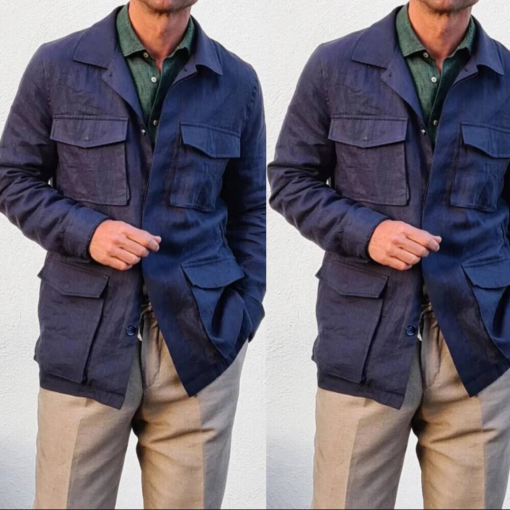 Safari Outdoor Hunting Jackets - Vintage Keten Erkek Safari Lacivert Av